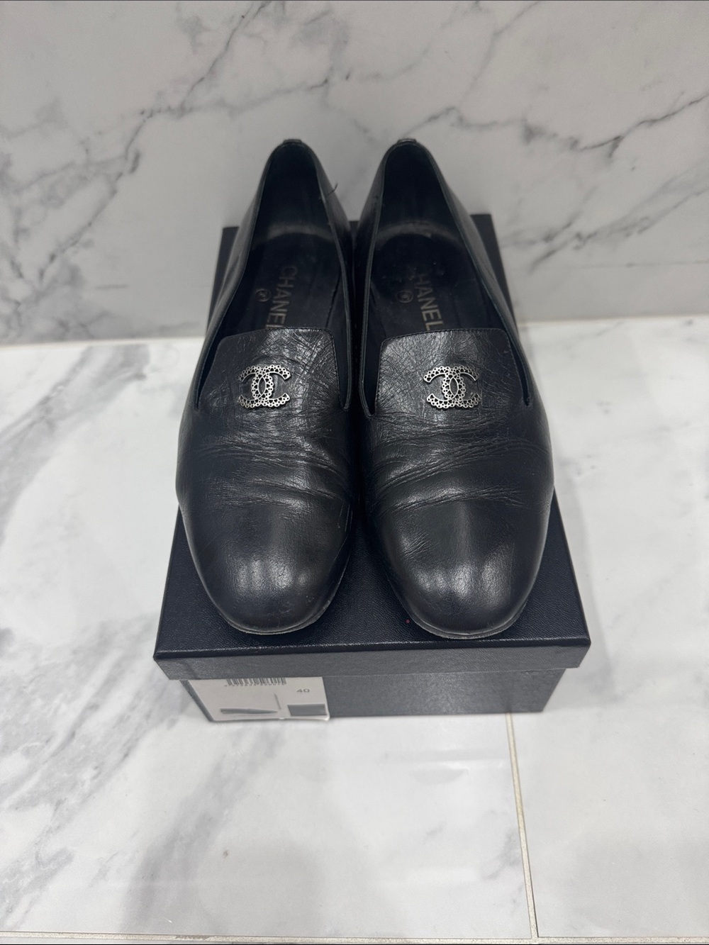CHANEL Black Leather CC Logo Slip-On Loafers
